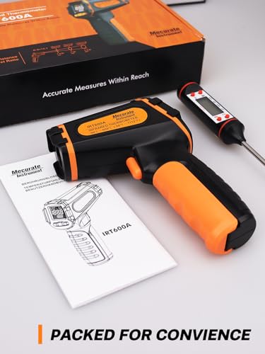 Mecurate Infrared Thermometer Gun -58°F to 1112°F, Laser Temperature Gun with Adjustable Emissivity, Max/Min/Hold for Cooking, BBQ, Freezer, Industrial Use,with Long Probe Meat Thermometer