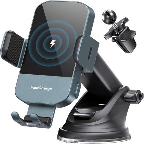 Wireless Car Charger, 15W Fast Charging Auto Clamping Car Charger Phone Mount Phone Holder fit for iPhone 15 14 13 12 11 Pro Max Xs, Samsung Galaxy S24 Ultra S23 S22 S21, S20, S10+, Green