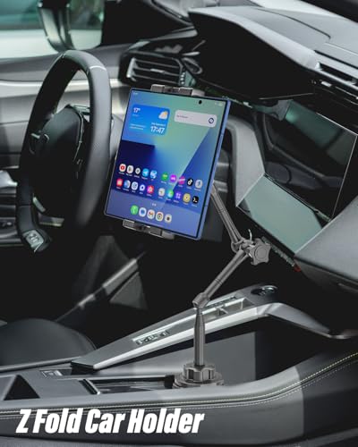 Z Fold Car Mount - [Foldable Phone Friendly] Cup Holder Tablet Mount for Car Truck, 360° Adjustable 19" Long Metal 2-Arm Stand for Samasung Galaxy Fold 7 6 5 4 3 2, Tabs, Google Pixel, iPad, iPhone