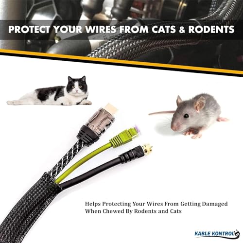 Kable Kontrol Flame Retardant PET Expandable Braided Sleeving 2” Inch ID 200 Feet Long - UL94 V0 Fire & Abrasion Resistant Flexible Sleeve Wire Management – Black with White Tracer - color: Black with White Tracer, size: 2 Inch - 200 Feet