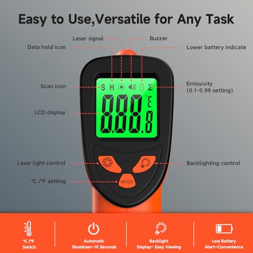 Infrared Thermometer Gun, -58°F to 1022°F, 12:1 Non-Contact | Fast Surface Temperature Reading，12:1 Non-Contact Measurement，Ideal for Cooking & Home Repairs - color: Orange/-58°F to 1022°F