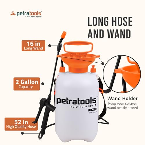 Petratools 2 Gallon Pump Sprayer - HD201 Garden Sprayer for Weeds, Lawn Care & Pesticides - 52" Long Hose, 2 Nozzles & Easy Carry Handle - Durable & Lightweight - size: 2 Gallon