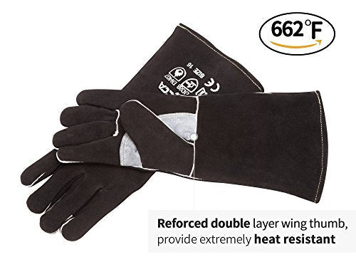 RAPICCA Fireplace Fire Pit Gloves, 662°F Fireproof Leather, 14 in Black | For Wood Stove, Campfire, Charcoal, Cast Iron, BBQ Grill, Oven, Stick & MIG Welding, Forge, Dry Ice - color: Black(length 14in)