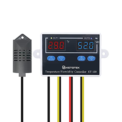 KETOTEK KT100 Humidity Temperature Controller 120V 10A Fahrenheit Digital Thermostat Humidistat Control Switch Direct Output with 1.5m Temperature Humidity Sensor