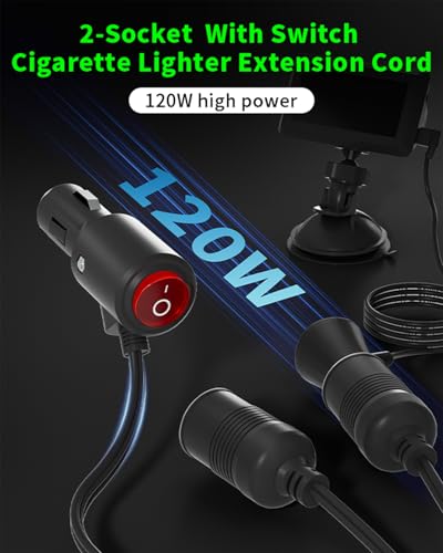 YANTU 120W/10A with Independent Switch Double Cigarette Lighter Adapter/Splitter with 20-inch Cigarette Lighter Extension Cord,12V Plug Socket 2-Way Y Adapter with Dual Charger Ports