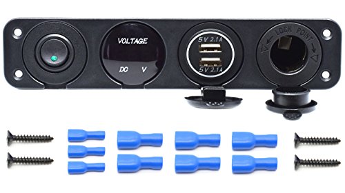 Dual USB Socket Charger 2.1A&2.1A + LED Voltmeter + 12V Power Outlet + ON-Off Toggle Switch Four Functions Panel for Car Boat Marine RV Truck Camper Vehicles GPS Mobiles (Green) - color: Green