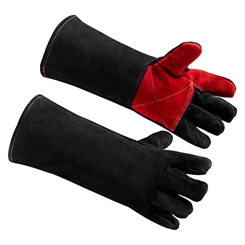 AOWPFVV 16 Inches Leather Welding Gloves Fire Resistant,Animal Handling Gloves Bite Proof for Cat Dog Snake - Large - color: Black Red Size Large 16in