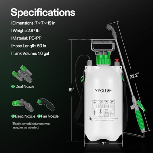 VIVOSUN 1.6 Gal/6L Pump Sprayer, Garden Water Sprayer for Plants, Weeds & Lawn Care, with 3 Nozzles, 50'' Long Hose & Pressure Relief Valve - size: 1.6 gal