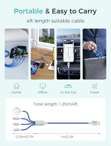 2Pack Multi Charging Cable for Apple Watch Charger 4 in 1 Travel Essentials RV Camping Essentials USB C/L/Micro Compatible with iWatch Series 11-1/iPhone 17/16/15/Android Airplane Gadgets-4FT/Blue - color: Blue, size: 4FT+4FT