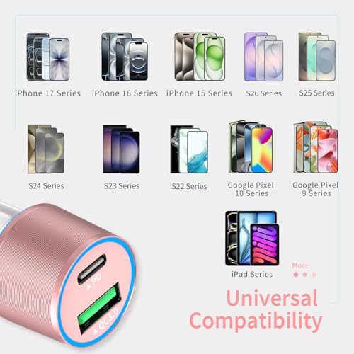 67.5W Pink Car Charger USB C Super Fast Charging for iPhone 17 Pro/Android - color: Rose Gold, size: 3.3 ft