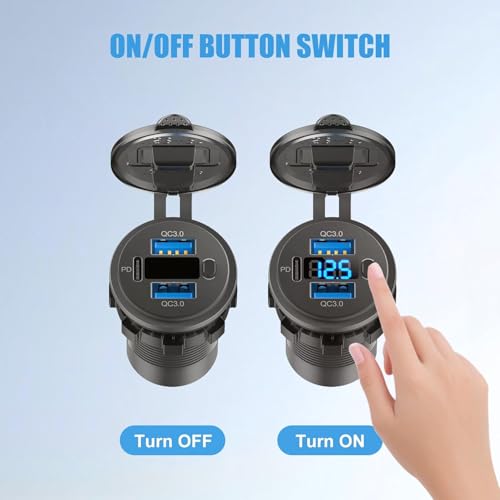 12V USB C Outlet 66W PD+QC Fast Charger Switch Voltmeter for Car Boat - size: Dual QC3.0+PD