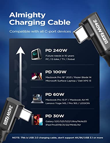240W USB C to USB C Cable 4.9FT,PD 3.1 Type C to C 5A Fast Charging Cable Right Angle for MacBook Pro/Air,iPad Pro/Air/Mini,iPhone15/15Pro/15Plus/15ProMax,Samsung S24/S23/S22,Surface Book2,Pixel