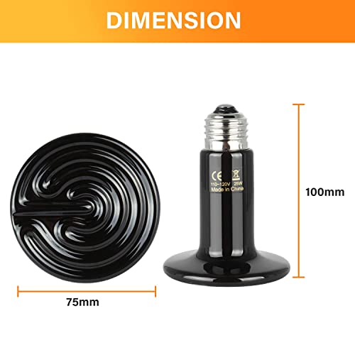Simple Deluxe 25W Ceramic Heat Lamp, Reptile Heat Bulb Emitter, No Light Emitting Brooder Coop Heater for Amphibian Pet & Incubating Chicken, Black, 4 Pack - size: 25 Watts (Pack of 2)