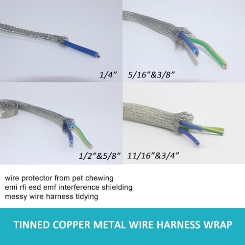 Tinned Copper Braided Cable Shielding Sleeve Metal Wire Loom Sheathing EMI RFI ESD Protector Grounding Mesh Flat Tubular Expandable 1/4" W(0.16" ID)-35FT - size: 1/4"W(0.16"ID)-35FT