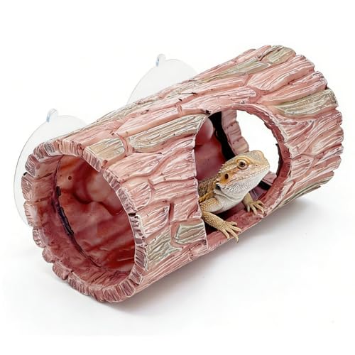 Reptile Hideout Cave, Resin Tree Trunk Shape Lizard Hide Habitat with Suction Cups Terrarium Decor for Gecko Lizards Tree Frogs Fish