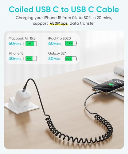 SUNGUY Coiled USB C to USB C Cable, 60W USBC to USBC Android Auto & Carplay Cable for iPhone 17 16 15 Pro Max, Samsung Galaxy S24/S3/S22, iPad Pro, 1Pcs 5FT【Extendable:1.3FT-3.3FT】 Grey - color: Grey, size: 5ft