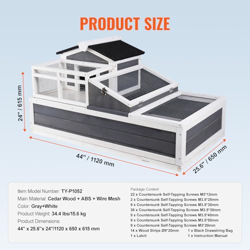 Happybuy 3-Room Tortoise House,Tortoise Habitat with Balcony & 2 Stories, Wooden Tortoise Enclosure Indoor & Outdoor with Ramp, Tray, Openable Roof, Large Reptile Cage, 44" x 25.6"x 24"