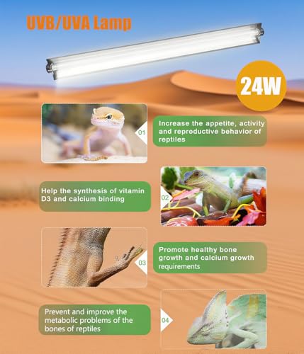 T5 Reptile Light Fixture Combo Kit 24W Light Fixture Reptile Terrarium Hood 10.0 UVB Light Bulb Fluorescent Tube for Tropical and Deserts Such as Bearded Dragon Lizards and Tortoises - size: 24W T5 Suite