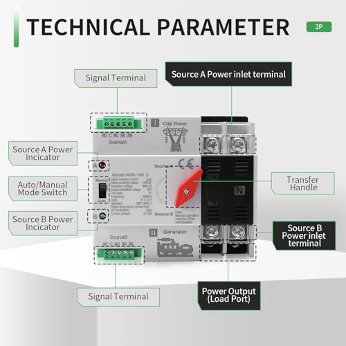 63Amp AC220V Automatic/Manual Transfer Switch 2P 50/60Hz, 2POLE 63A Mini ATS Auto Dual Power Switch W2R for Home Generator, Din Rail Mount Cn Automatic Changeover Fast Transfe for Solar,Rv,Lv Power - size: 2P 63A AC220V