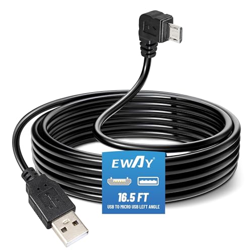 EWAY Dash Cam Mircro USB Power Cord 16.5ft, USB 2.0 A to Micro-B Left Angle 90 Degree Replacement Power Supply Cable Car Charger Adapter USB Connector for Dashcam Dash Board Recorder Recording Camera