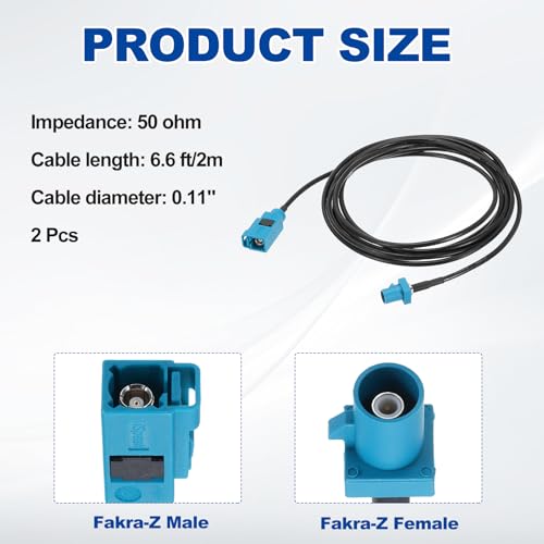 uxcell 2Pcs Antenna Extension Cable, 6.6ft/2m Fakra-Z Male to Fakra-Z Female RF Coax Cable for Car Stereo Head Unit GPS Navigation FM AM Radio RG174 - size: 6.6ft/2m