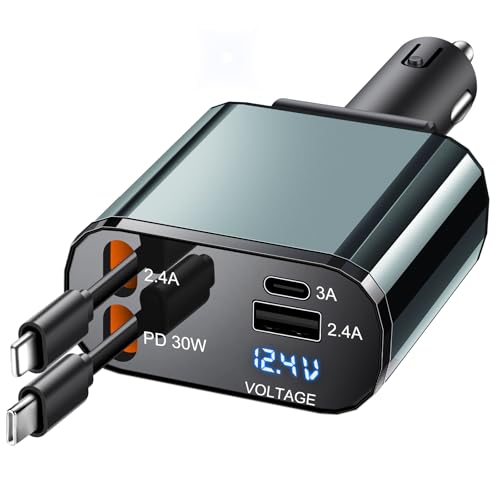 TICCI Retractable Car Charger [60W USB C with Cables] 4-in-1 Retractable Car Charger Fast Charging for iPhone 16, 15, 14, 13, 12 Series, USB-C, Android - color: Blue Grey