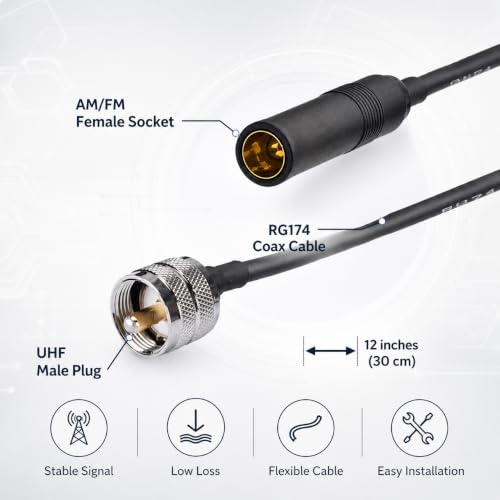 UHF Male to AM/FM Female Adapter RG174 Coax Cable 12 inches Pigtail Jumper RF coaxial Cable for Radio Antenna