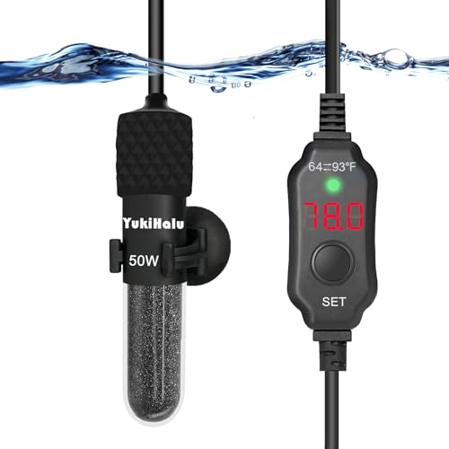 YukiHalu Small Submersible Aquarium Heater, Adjustable Mini Fish Tank Heater 25W 50W 100W 200W 300W with External Temperature Controller, LED Display, Used for 5/10/20/40/60 Gallons (50 Watts) - size: 50 Watts