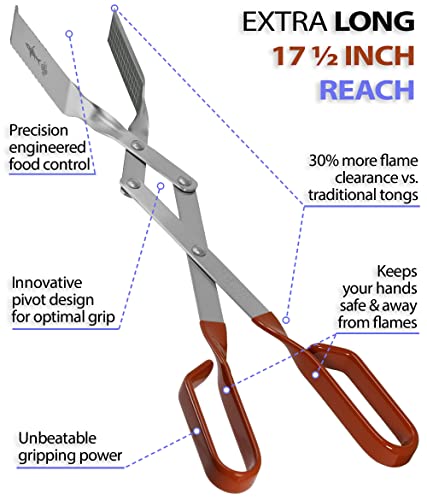 Steak Grill Tongs - 17 inch Red. Professional outdoor grilling utensil. Long reach Barbeque Grilling Tongs. Ideal for steak, fish, burger, and sausage - color: Red Steak Tongs