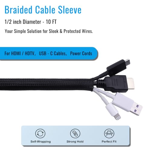 1/2" - 10Ft Split Braided Cable Sleeve, Wire Loom Tubing, Black - size: 1/2" - 10Ft