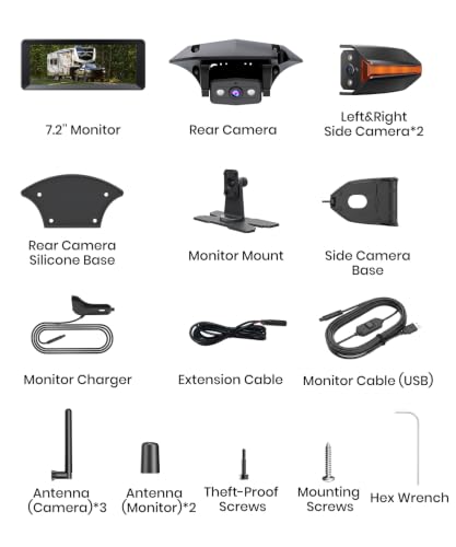 AUTO-VOX RV Backup Camera Wireless: Rear & Side Cameras with 7.2” HD 3 Split-Screen Recording Monitor, Flexible Suction Mount,Stable Signal & Dual Antenna for Camper, Fifth Wheel, Travel Trailer