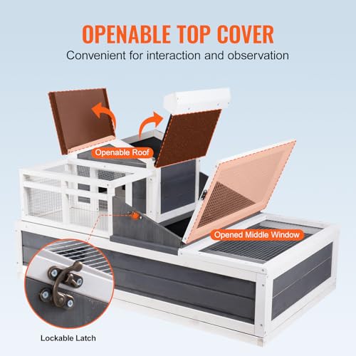 Happybuy 3-Room Tortoise House,Tortoise Habitat with Balcony & 2 Stories, Wooden Tortoise Enclosure Indoor & Outdoor with Ramp, Tray, Openable Roof, Large Reptile Cage, 44" x 25.6"x 24"