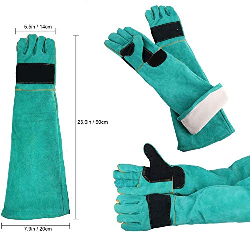 AOWPFVV Long Sleeve Thick Leather Animal Handling Glove Anti Scratch Protective Gloves for Training Dog Cat Bird Snake Parrot Lizard Wild Animals Reptiles,Bite Resistant Gloves - color: Light Green Size Large 23.6in