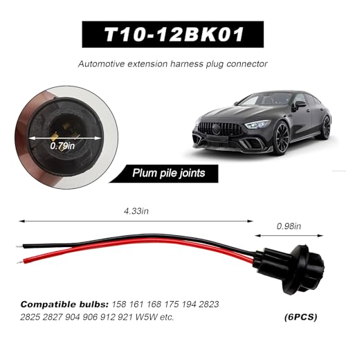 DXNQ 6PCS T10 Extension Harness Plug Connector, Car Instrument 194 Bulb Socket Base with 4.33" Wire Harness, Tail Light Socket Pre-Wired Rubber Lamp Holder for 168 175 194 W5W Bulb - color: T10-12BK01