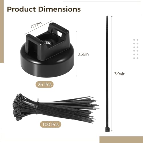 Magnetic Cable Zip Tie Mounts, 25 Pcs Magnets with 100 Pcs Cable Zip Ties, Multipurpose Magnetic Cables Holder for Cables Management, Wire Management Bases - color: Black