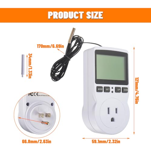 110V Digital Temperature Controller, LCD Screen Heating Cooling Thermostat Outlet Socket with Sensor Timer Regulator for Reptile Incubator Greenhouse Brewing Refrigerator