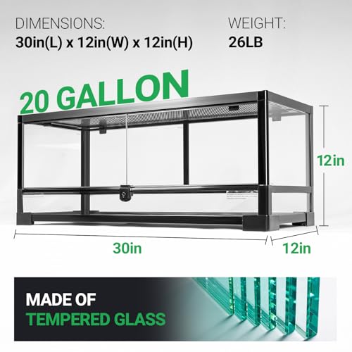 Tempered Glass Reptile Tank, 30x12x12 Inch Front Opening Terrarium with Top Screen Ventilation & Water-Holding Bottom, 20 Gallon Reptile Enclosure for Snake, Leopard Gecko, Bearded Dragon