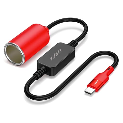 J&D USB C Male to 12V Car Cigarette Lighter Socket Female Converter Cable, 12V 18W Power Cable for Dash Cam, GPS, Car LED Light Strips, Red, 1 ft - color: Red, size: 1 ft