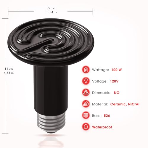 Ceramic Heat Emitter for Reptiles, 2 Pack 100W Heat Lamp Bulb, E26 Ceramic Reptile Heat Bulb Black, No Light Emitting Heat Lamp for Amphibian Pet, Heat Bulb for Bearded Dragon Turtle Snake Lizard