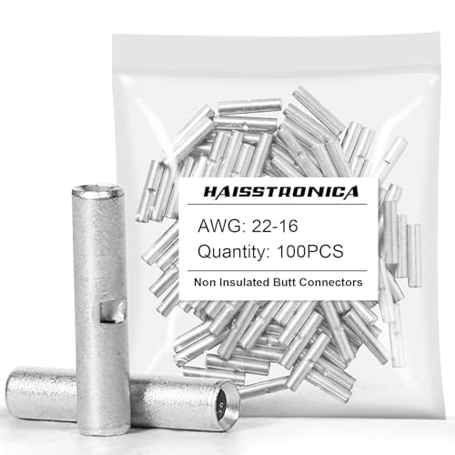 haisstronica 100PCS Non-Insulated Butt Connectors AWG 22-16 Tinned Copper - size: 22-16 AWG