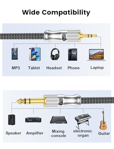 EMK Premium 1/8" to 1/4" (3.5mm to 6.35mm) TRS Stereo Cable - Nylon Braided Male to Male Adapter for Guitar, Keyboards, Amps & Studio Gear (6Ft/2M) - Gold-Plated, Noise-Free - size: 6 Feet, style: 1/8 to 1/4 Stereo Cable