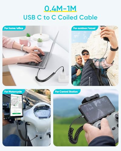 SUNGUY Coiled USB C to USB C Cable, 60W USBC to USBC Android Auto & Carplay Cable for iPhone 17 16 15 Pro Max, Samsung Galaxy S24/S3/S22, iPad Pro, 1Pcs 5FT【Extendable:1.3FT-3.3FT】 Grey - color: Grey, size: 5ft