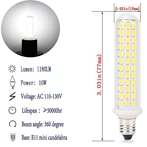 New Upgrade -E11 led Bulb,125 LEDs 100W 120W Halogen Bulbs Equivalent, 10w 1100lm, E11 Mini Candelabra Base White 6000k,AC 110V/130V,JD T3 T4 Bulb (2 Packs) - color: White*2, size: 2 Count (Pack of 1)