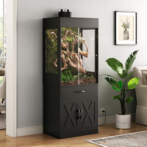 67 Gallon Reptile Tank with Stand,Reptile Enclosure with Cabinet for Lizards,Gecko,Skinks,Snakes,Reptile Terrarium with Power Outlet,Sliding Acrylic Doors,Bearded Dragon Tank Black CAGE001B - color: Black