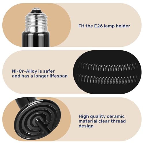 Reptile Heat Lamp 100W Ceramic Heat Emitter, No Light Emitting Heat Bulbs for Amphibian Pet Brooder Coop Incubating Chicken, Lizard Bearded Dragon Turtle Snake Terrarium, 2 Pack - color: 2 Pcs (Black), size: 100 Watts