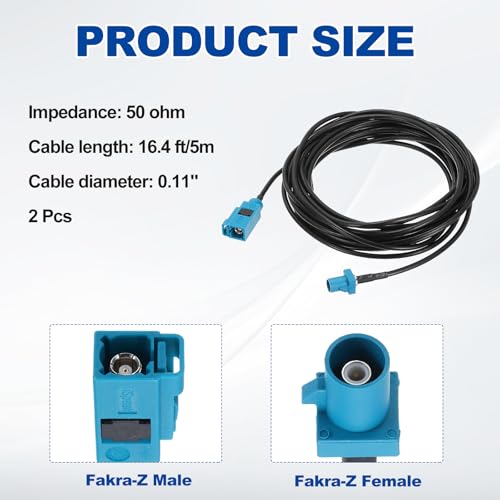 uxcell 2Pcs Antenna Extension Cable, 16.4ft/5m Fakra-Z Male to Fakra-Z Female RF Coax Cable for Car Stereo Head Unit GPS Navigation FM AM Radio RG174 - size: 16.4ft/5m