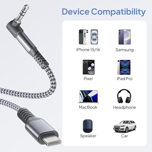 Elebase for iPhone 16 Aux Cable 6FT,USB C to 90 Degree 3.5MM Audio Adapter - color: Right Angle-Grey, size: 6ft/1.8m