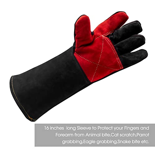 AOWPFVV 16 Inches Leather Welding Gloves Fire Resistant,Animal Handling Gloves Bite Proof for Cat Dog Snake - Large - color: Black Red Size Large 16in