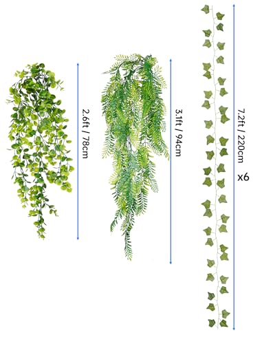 NiHome 8-Pack Artificial Hanging Plants, Fake Plant Hanger Indoor Outdoor Decor with 6 Ivy 1 Eucalyptus 1 Fork Fern Vines, Water-Resistant Faux Hanging Plant for Ceiling Wall Patio Garden Home Decor