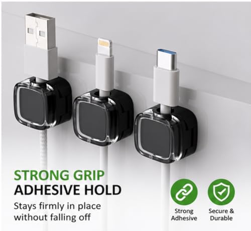 Cable Clips for Desk 6 Pack, Self Adhesive Cable Organizer, Cord Holder for Charging Cables, USB Cables, Earphones & Computer Wires, Wire Management Clips for Home, Office & Car, Black